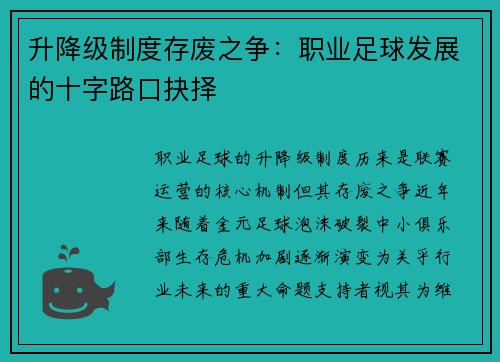 升降级制度存废之争：职业足球发展的十字路口抉择