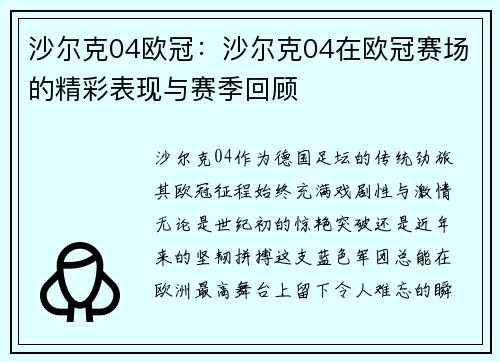 沙尔克04欧冠：沙尔克04在欧冠赛场的精彩表现与赛季回顾